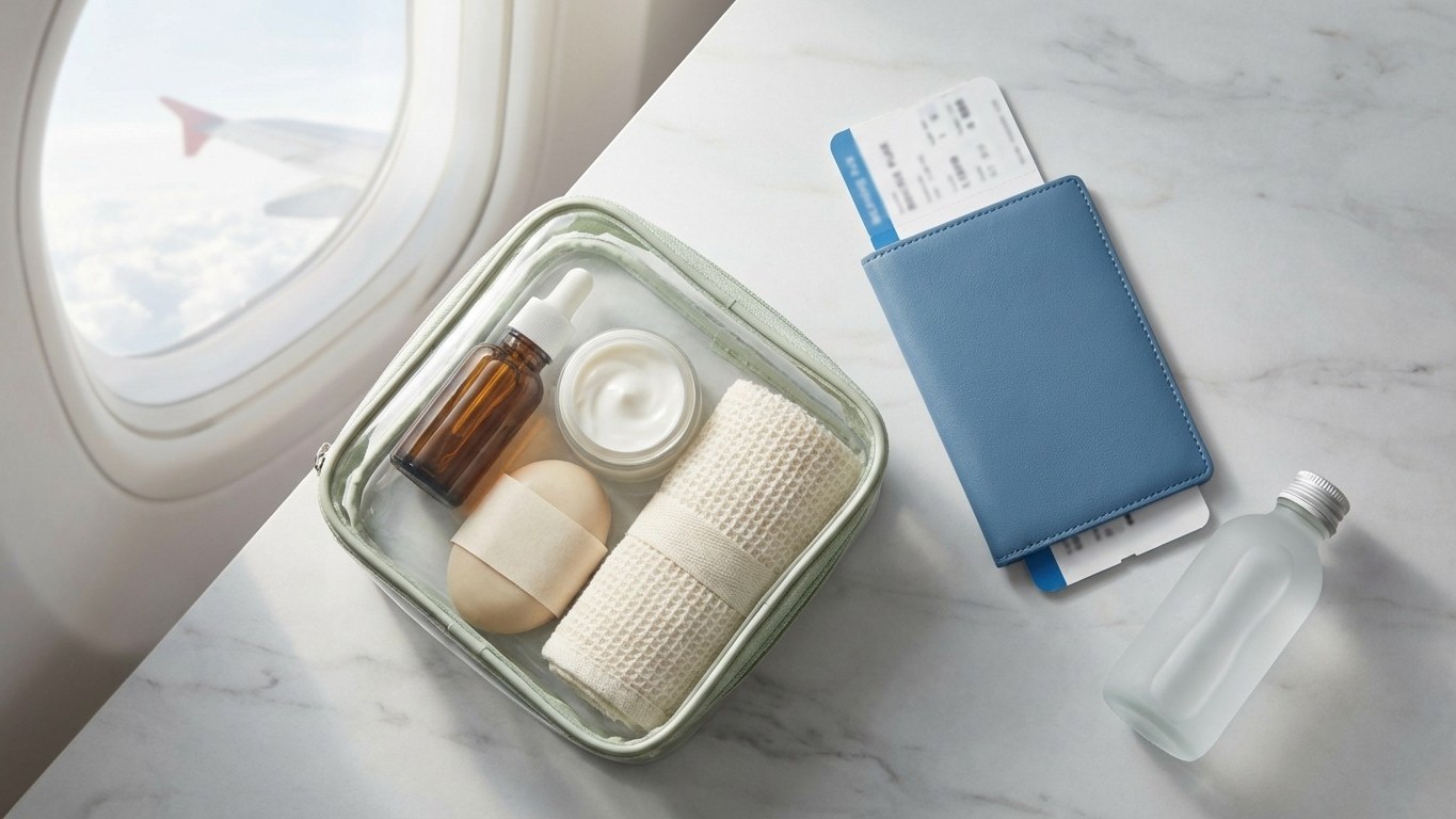 Routine naturelle en voyage : trousse minimaliste, avion, eau calcaire, décalage