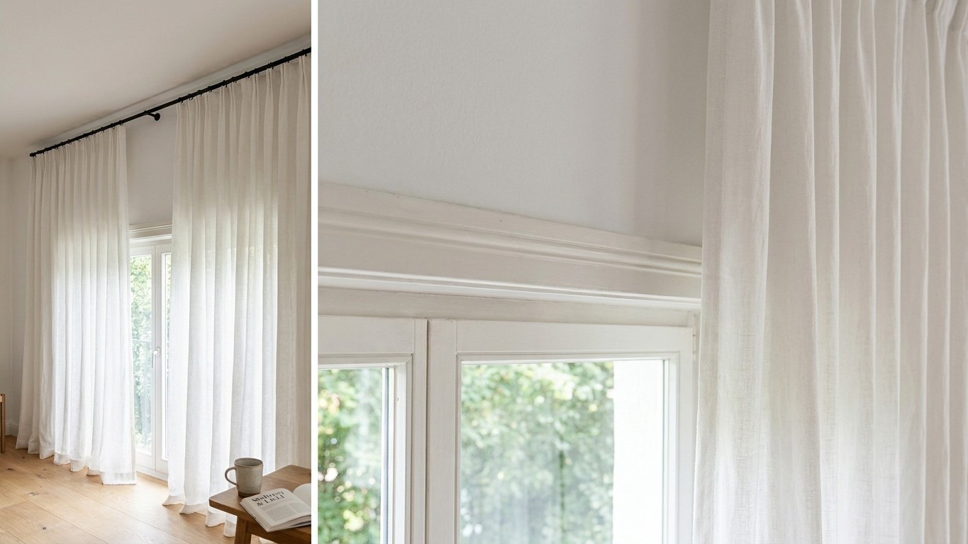 Ich habe die Gardinenstange direkt auf den Fensterrahmen geschraubt, nur um mir Löcher in der Wand zu sparen: als der Stof...