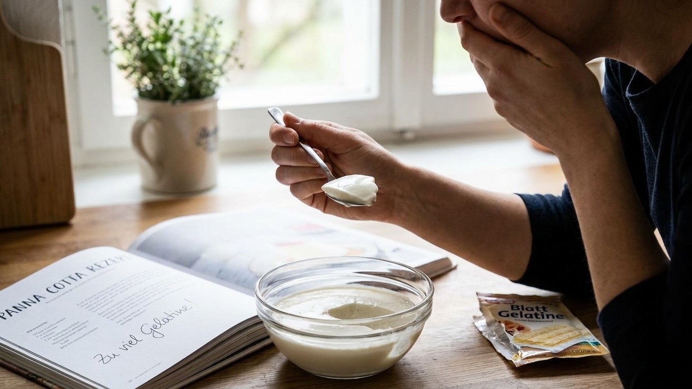 Ich habe zwei Blatt Gelatine in meine Panna cotta gerührt, nur damit sie sicher fest wird: beim ersten Löffel habe ich ver...