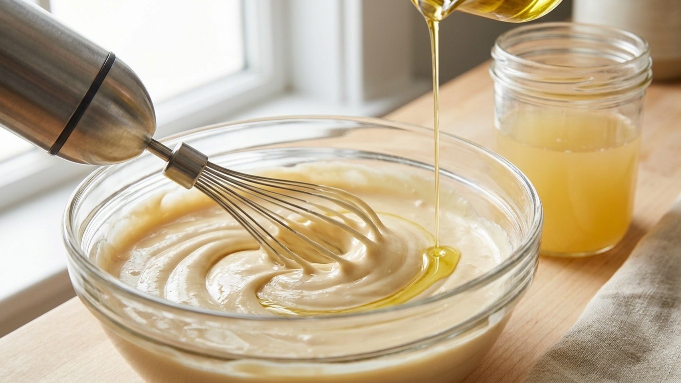 Schluss mit dem Ei in der Mayonnaise: diese eine Flüssigkeit aus dem Vorratsschrank schlägt in zwei Minuten fest